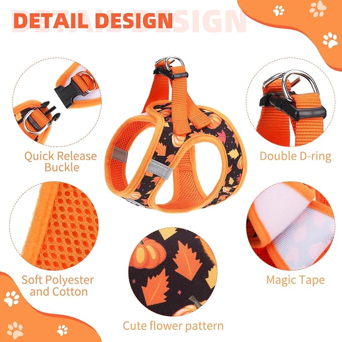 KOOLTAIL Fall Dog Harness and Leash Set for Small Medium Dogs, Thanksgiving Step in No Pull Comfort Padded Pet Vest, Adjustable Reflective Easy Walking Puppy Cats Harness Training, Leaf & Pumpkin M - Image 2
