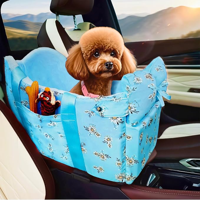 Console Dog Car Seat Up to 11lbs (Blue Daisy) | Portable Dogs Armrest Booster Seat for Small Dog, Anti-Collapse Pet Car Seat with Soft Cushion Safety Belt by HANMEIANINC