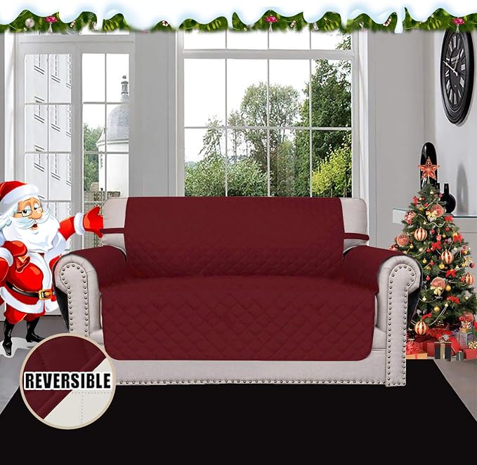 Easy-Going Reversible Loveseat Couch Cover for 2 Cushion Couch Sofa Cover for Dogs Water Resistant Furniture Protector with Foam Sticks Elastic Straps for Pet (Loveseat, Christmas Red/Ivory) | Loveseat, Slipcover For Dogs, Water Resistant Furniture Mat... - Image 2