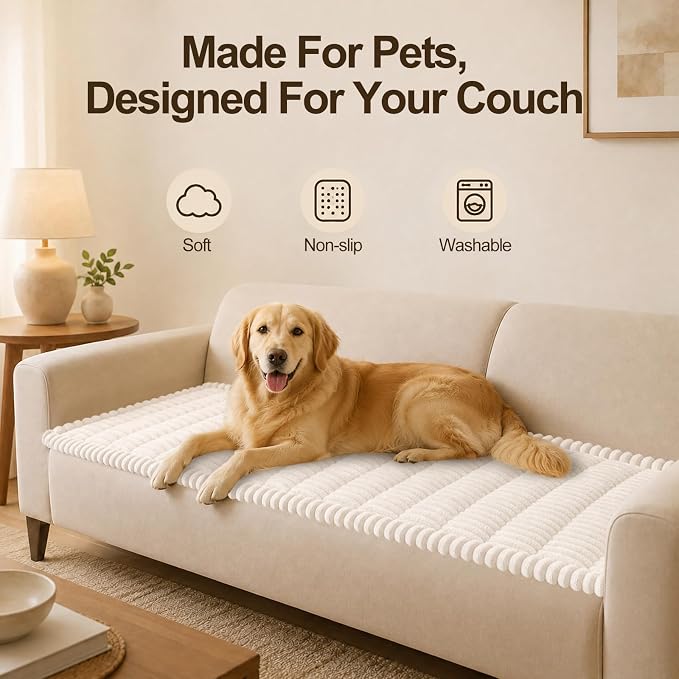 decorUhome Couch Cover for Dogs, Non Slip Fuzzy Thick Pet Sofa Protector | Pet Friendly, Machine Washable, Fits 4-Cushion Sofa, Protects Against Pet Hair, Scratches & Daily Messes, White, 27.6" x 88" - Image 12