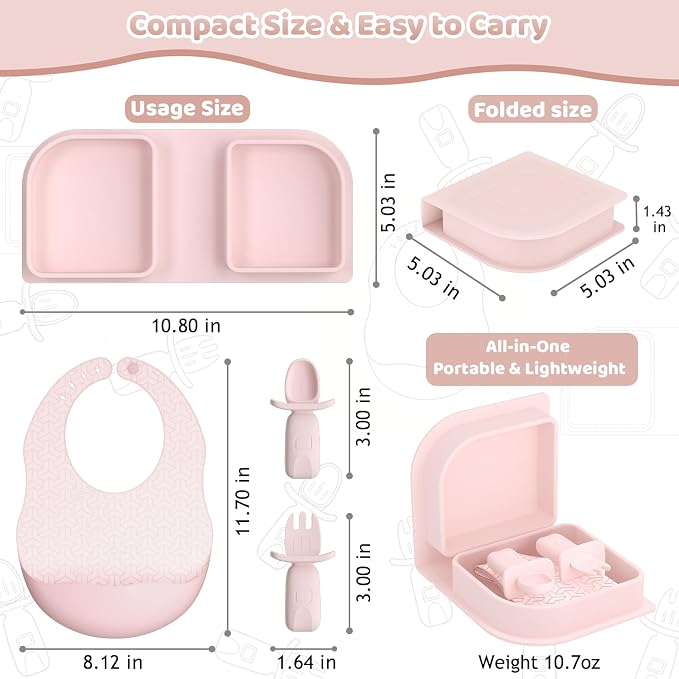 Pink Silicone Foldable Baby Feeding Set, Baby Travel Essential Including Toddler Plates, Spoon&Fork, Adjustable Foldable Bib, Portable Infant Toddler Utensils - Image 8
