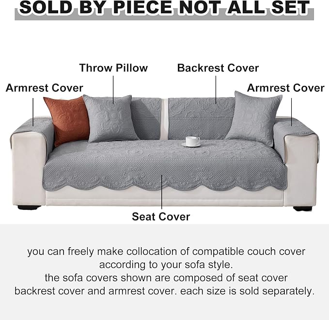 vctops Boho Cotton Quilted Couch Cover Soft Embroidered Sofa Cover Non-Slip Dog Bed Cover Scalloped Sofa Slipcover Washable Furniture Protector Cover (Light Grey,28"x59") - Image 2