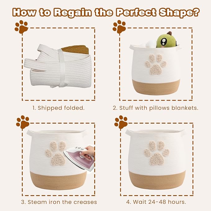 Large 17.7" Cotton Rope Pet Toy Storage Basket with Cute Paw Print - Woven Dog Toy Bin & Cat Organizer - Soft Round Hamper for Puppy Blankets, Treats, Nursery & Living Room Storage - Image 7