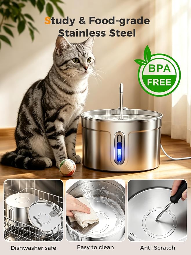 Stainless Steel Cat Water Fountain - 74oz/2.2L Ultra-Silent | 7 Filters Included, Visible Water Level, Dishwasher Safe, for Indoor Cats & Small Dogs - Image 8