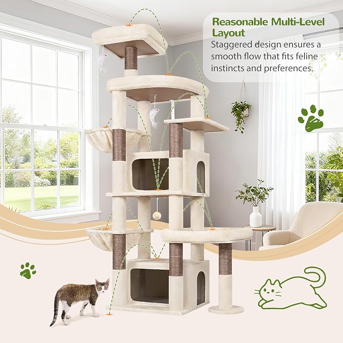 Globlazer 75in Sturdy Cat Tree Tower for Indoor Large Cats, S75, Beige | Multi-Level Heavy Duty Cat Tower with Scratching Post, Oversized Condos & Perches for Big Cats, Large Baskets, Enlarged Base - Image 6
