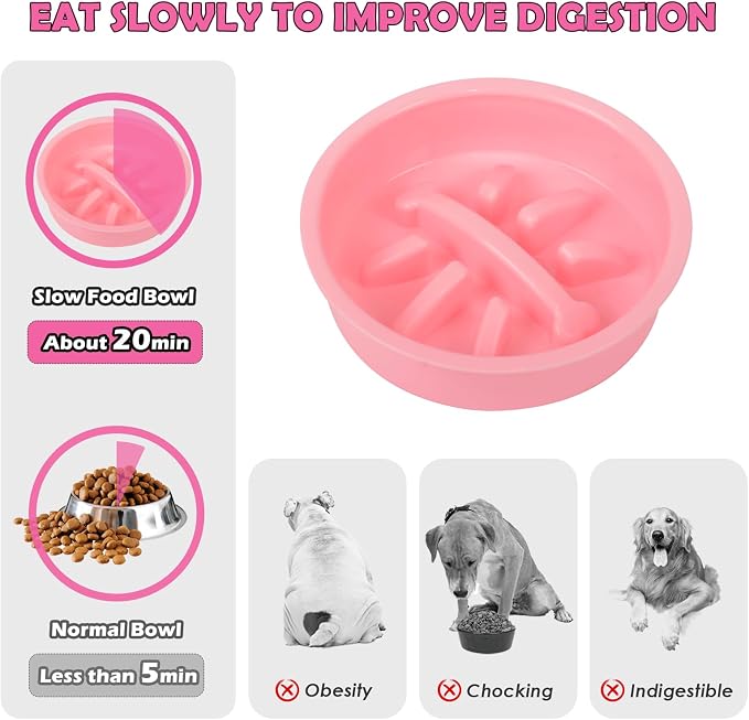 Adjustable Elevated Dog Bowl Stand with Slow Feeder, 2 x 58oz Stainless Steel Bowls, Raised Food and Water Holder for Medium and Large Dogs, Pink - Image 5