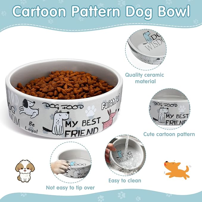 Maxcheck 2 Pcs 5 Inch Ceramic Dog Bowls Dishes for Small Dogs Cute Cartoon Pattern Puppy Cat Bowls Heavy Food Water Dishes for Pets Feeding Travel, Dishwasher Safe Microwave Safe (Gray) - Image 3