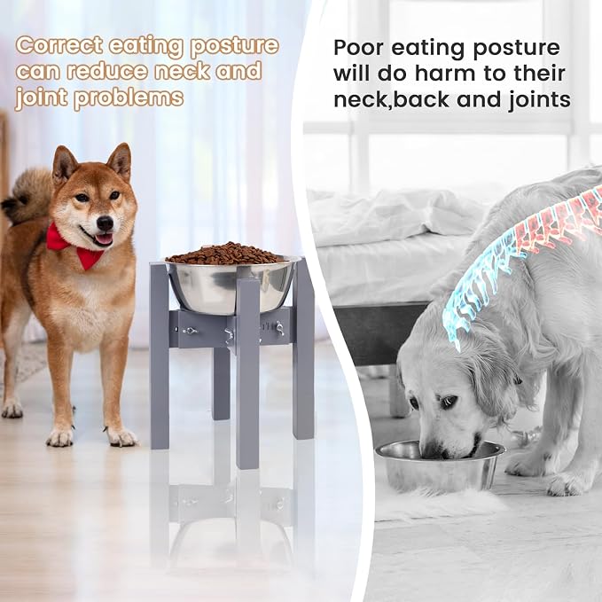 Elevated Dog Bowl Stand Adjustable Dog Food Holder 10”H Medium Grey | 10” Elevated Dog Bowl Stand, Medium Dogs, Adjustable, Fits 7”-10” Bowls, Single Bowl Holder, Natural Bamboo, Classic Grey - Image 7