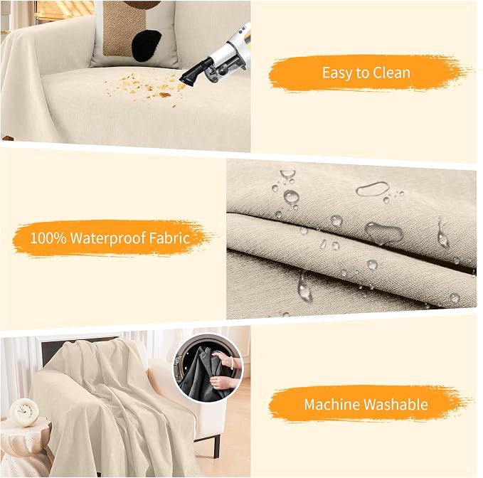 Deep Dream Cat-Scratch Resistant Couch Cover, Waterproof Sofa Cover for 3 Cushion Couch Washable, Pet Friendly Couch Protectors Anti Slip Thickened Sofa Slipcovers for Dogs Pets, 91" x 150", Beige - Image 4