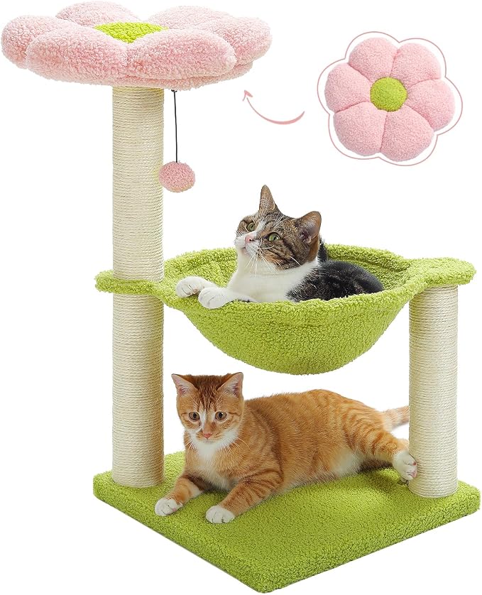 Flower Cat Tree, 28" Cat Tower with Cozy Flower Perch, Large Hammock for Indoor Small Cats, Cute Cat Tree with Sisal Scratching Post and Fur Toy Ball for Kittens, Pink | Plush flower perch, Metal frame hammock, Sisal post, Fluffy toy ball, Thickened st... by MUTTROS