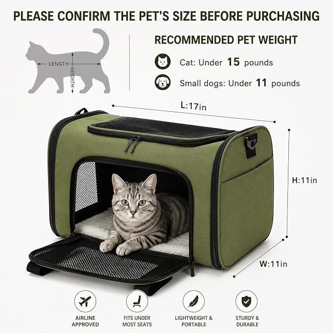 Pet Carrier for Cats and Dogs Up to 15 lb,Olive Green, Medium | 17 x 11 x 11 in, Airline-Compatible, Safety Leash, Luggage Sleeve, Foldable - Image 3