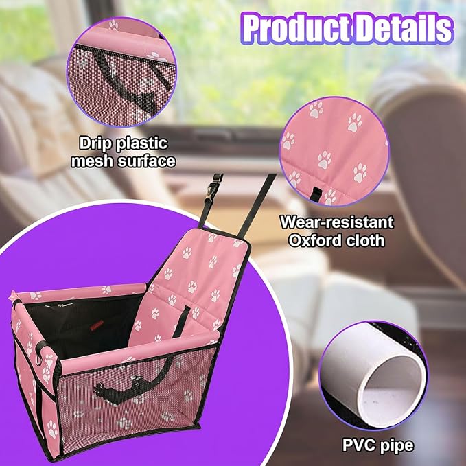 Pet Car Seat, Waterproof Oxford Dog Car Booster Seats, Pink Paw | with Seat Belt and Mesh Window, Breathable & Portable Foldable Travel Look Out Bag for Small Medium Dogs & Cats - Image 3