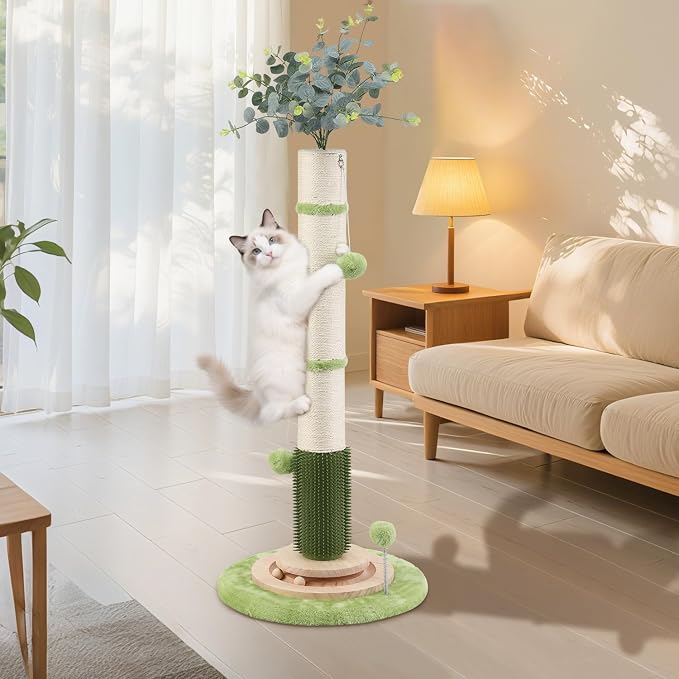 45'' Extra Tall Cat Scratching Post for Large,Heavy Duty Scratcher Tree | 3.5'' Natural Sisal,Wood Base,Climbing Pole Full Body Stretching,Artificial Flower,Stable Tower,Interactive Toy,Self Groomer - Image 7