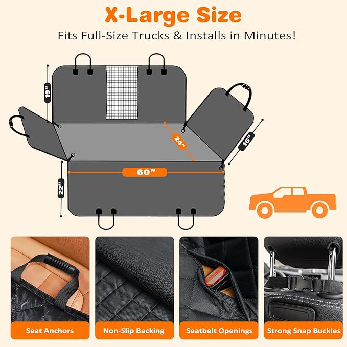 URPOWER 4 in 1 Dog Seat Cover for Full-Size Trucks, Waterproof Hammock | Mesh Window, Side Flaps, 600D Oxford, Scratch Resistant, Non-Slip, Easy Install, Machine Washable, Dog Seat Belt Included - Image 6