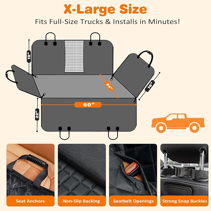 URPOWER XL Dog Seat Cover for Full-Size Truck Back Seat, Waterproof Hammock | Mesh Window, Side Flaps, 600D Oxford, Scratch Resistant, Non-Slip, Easy Install, Machine Washable, Pee Pad Included - Image 6