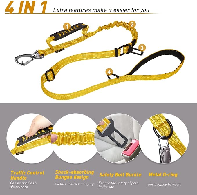 AUBELL Tactical Dog Leash Heavy Duty,4-6ft No Pull Bungee Leash,Yellow | Reflective Dog Leash for Medium Large Dogs with Comfortable Padded Double Handle,Car Seat Belt,360 Degree Rotating Carabiner - Image 4