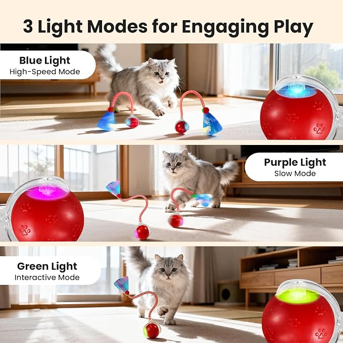 Rocfish Durable Interactive Cat Toys for Indoor Cats (red, 03) | Smart Automatic Cat Chase Ball Toy, Upgraded Speedy Tail Kitten Toy for Bored Indoor Adult Pets - Image 3