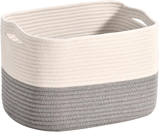 ICERZCZ Woven Cotton Rope Storage Basket for Organizing, Cute Decorative Baskets for Gifts Empty, Organizer Bins for Dog Toy, Baby Laundry, 15“×11”×9.5“, Off White & Grey by ICERZCZ