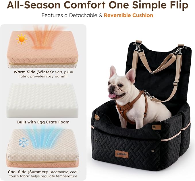 ZOMISIA Elevated Dog Car Seat for Medium Dogs, 3 Adjustable Heights with 2 Egg Crate Foam Boosters 4"+2", Dual-Sided Cooling&Plush Waterproof Cover, 2 Safety Leashes & Buckles, Beige - Image 4