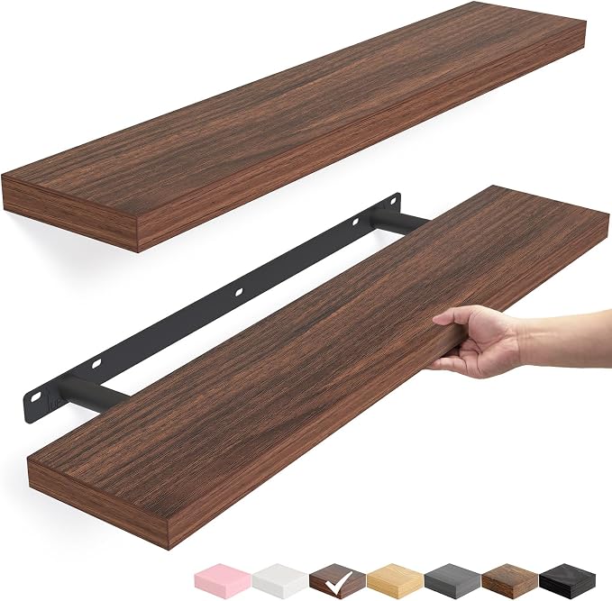 BAYKA Walnut-Like Floating Shelves 22.5in, 2 Pack, Wall Mounted Wall Decor | Easy Install, 22lbs Max Load, Hidden Bracket, Shelf for Bathroom Bedroom Kitchen Books Display Storage, Multi-Wall Compatible by Bayka