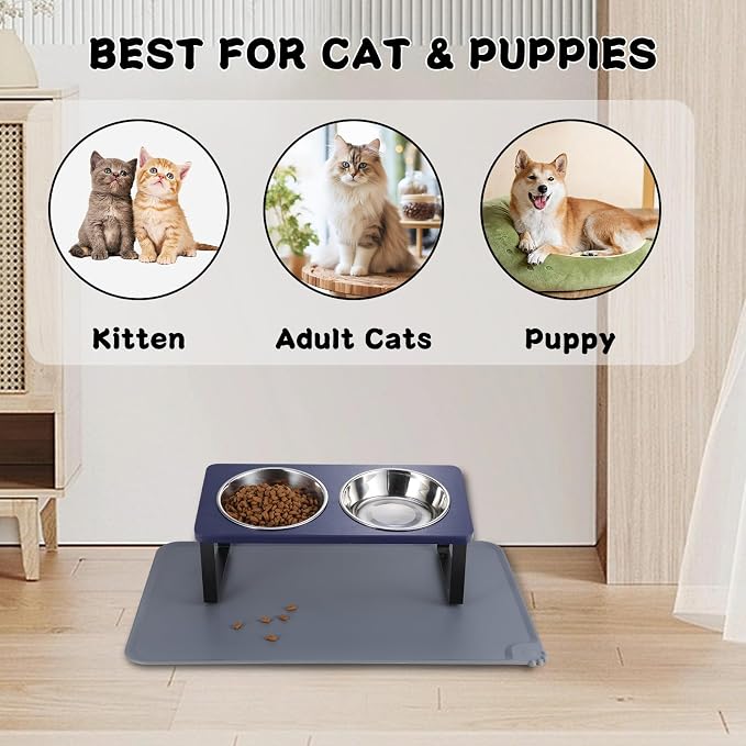 Summark Upgraded Elevated Cat Bowls with Food Mat,15°Tilted Stand Anti Vomiting Raised Cat Dishes for Food and Water,2 Stainless Steel Bowls for Cats and Puppies（Navy Blue） - Image 6