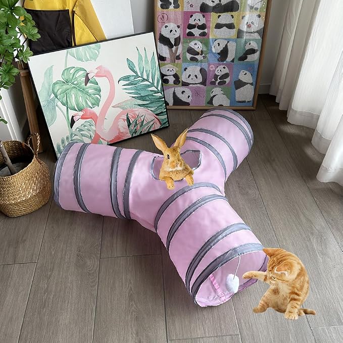 3-Way Collapsible Cat Tunnel Tube Toy Pink — Interactive Play Tunnel with Hanging Ball & Peek Hole for Indoor Cats, Kittens, Puppies & Rabbits | Hours of Fun & Exercise - Image 8