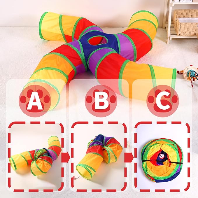 Pet Cat Tunnel, 4 Way Tunnels for Indoor Cats, Collapsible Pet Tunnel for Kitten, Puppy, Rabbit, 25cm-Wide Tunnels, Durable & Breathable, with Peek Hole Toy Ball - Image 4