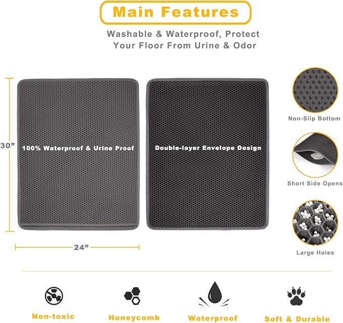 LeToo Cat Litter Mat Large 30 x 24 in No Phthalate Non-Slip Urineproof Grey | Premium EVA Sleeping Pad, Honeycomb Double Layer Design Kitty Scratcher, Litter Box Trapping Rug, Washable Vacuum Easy Clean - Image 6