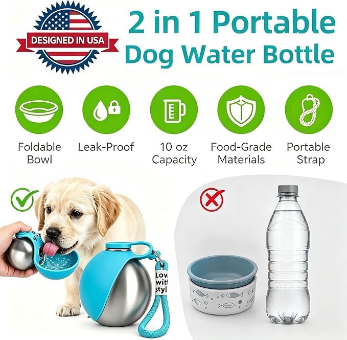 Dog Water Bottle Portable - 2 in 1 Stainless Steel Tumbler with Foldable Round Silicone Ball Bowl, 2-in-1 Leak-Proof Design for Dogs Pet Travel Walking Drinking（Blue） - Image 6