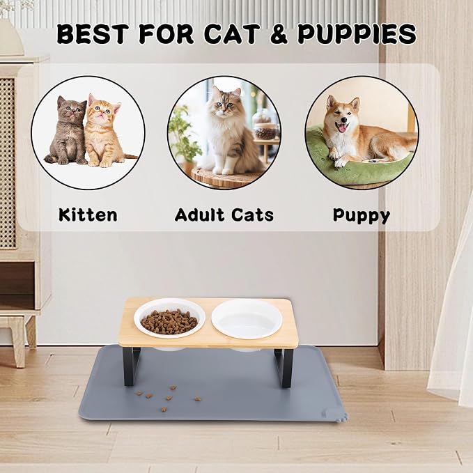Elevated Whisker Friendly Cat Bowls, 15 Tilted Stand Anti Vomiting Raised Dishes for Food and Water, Ceramic Bowls for Cats and Puppy,Bamboo - Image 6