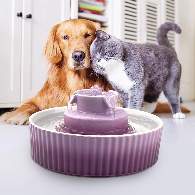 Ceramic Cat Fountain, 2.1L Pet Drinking Fountain for Cat and Dog, Cat Fountain Porcelain, Cat Water Dispenser with Activated Carbon Filter and Sponge Foam Pre-Filter (Purple) - Image 5