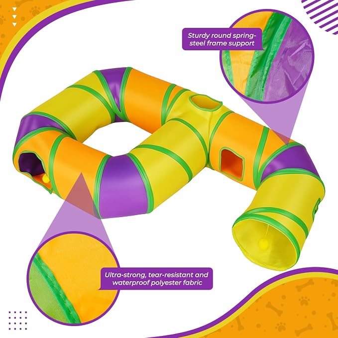 Cat Tunnel for Indoor Cats 6-Shaped, Collapsible Cat Playhouse Pet Play Tunnel Tube Maze with Hanging Pom-Poms and Interactive Hole for Kitten, Kitty, Puppy, Rabbits, Ferret, Guinea Pig - Image 3