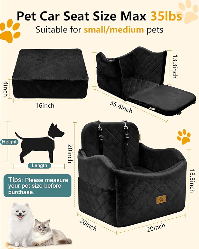 Dog Car Seats for Small Dogs Up to 35 lbs, Machine Washable Puppy Car Seat | 2-in-1 Dog Bed for Car with 6" Elevated Cushion, Dog Booster Seat with Safety Leashes, Pockets, Fits Front/Back Seats (Black) - Image 3