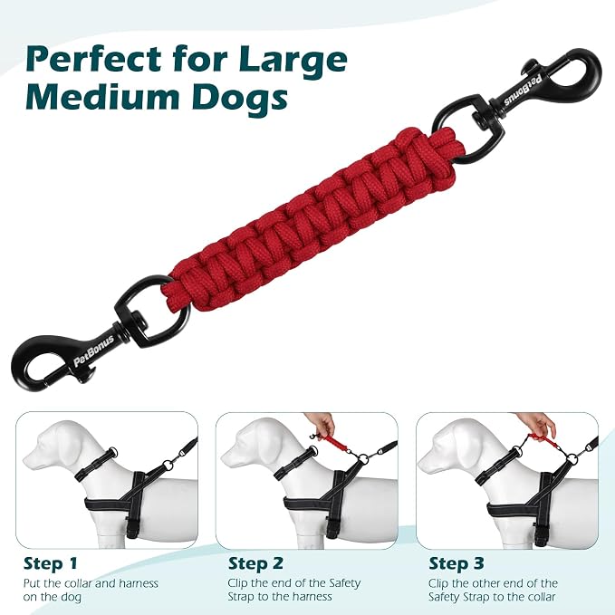 PetBonus Dog Collar Safety Clip, Handmade Prong Collar to Harness Connector | Dog Leash Backup Safety Strap, Escape Proof, Double Ended Clasp, Lead Connector for Pinch Collar, Harness (Red) - Image 6