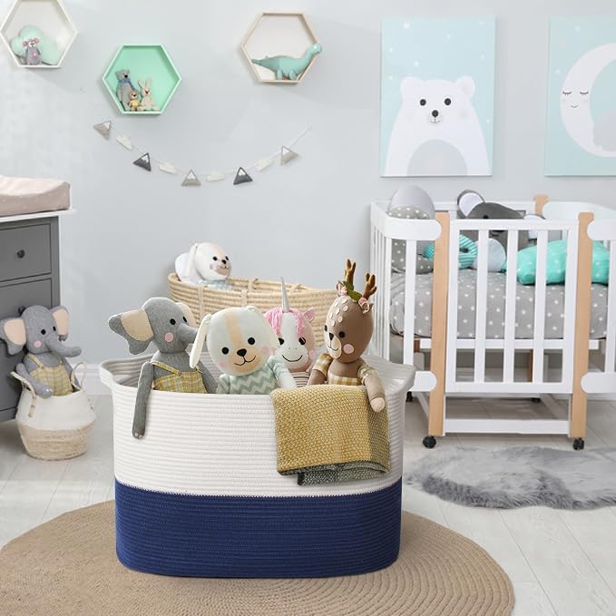 MEGASKET 108L Super Large Blanket Basket, 25" x 16" x 16" Jumbo Rectangle Basket for Blankets Living Room, Woven Cotton Rope Pillow Holder Organizer, Oversized Kids Dog Toy Storage Bin Box, Dark Blue - Image 5