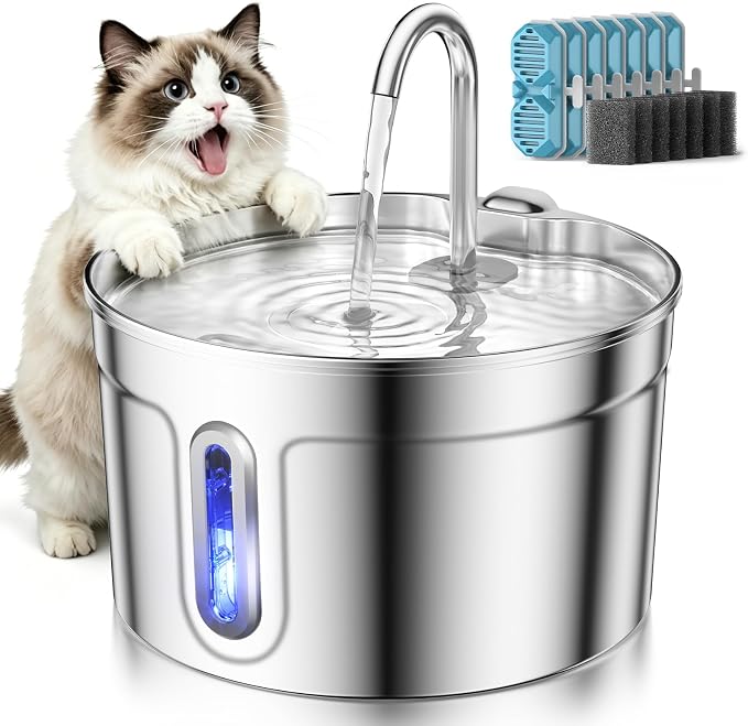 Stainless Steel Cat Water Fountain - 74oz/2.2L Ultra-Silent | 7 Filters Included, Visible Water Level, Dishwasher Safe, for Indoor Cats & Small Dogs by LuvMypett