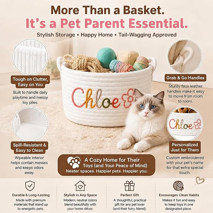 Personalized Cotton Rope Cat Toy Basket with Embroidered Name | Custom Cat Toy Basket with Handles, Soft Puppy Toy Basket, Pet Supplies, Gift for Dog Lovers,4 Colors - Image 3