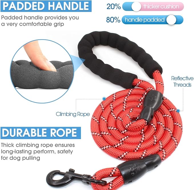 2/4/5/6 FT Dog Leash with Comfortable Padded Handle and Highly Reflective Threads for Small Medium and Large Dogs (5FT-1/2'', Red) - Image 2