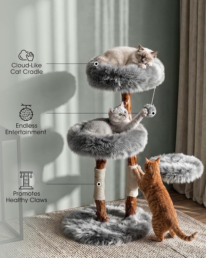 Pear Wood Branch Cat Tree, Cat Tower with Premium Faux Fur Plush | Cat Tree, Solid Pear Wood Real Branch, Deep Plush Cushions, 40 lbs Support, 3 Platforms, Natural Sisal, Modern Cat Tower - Image 4