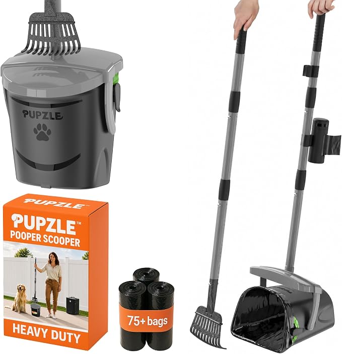 Pupzle Dog Pooper Scooper with Bag Attachment, 40" Long Handle Dog Scooper | Dog Poop Scoop for Yard, Large Capacity Swivel Bin and Rake Pooper Scooper, Lavender Scented Bags for Large Dogs (Grey) by Pupzle