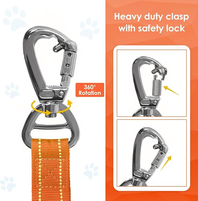 AUBELL Tactical Dog Leash Heavy Duty,4-6ft No Pull Bungee Leash,Orange | Reflective Dog Leash for Medium Large Dogs with Comfortable Padded Double Handle,Car Seat Belt,360 Degree Rotating Carabiner - Image 3