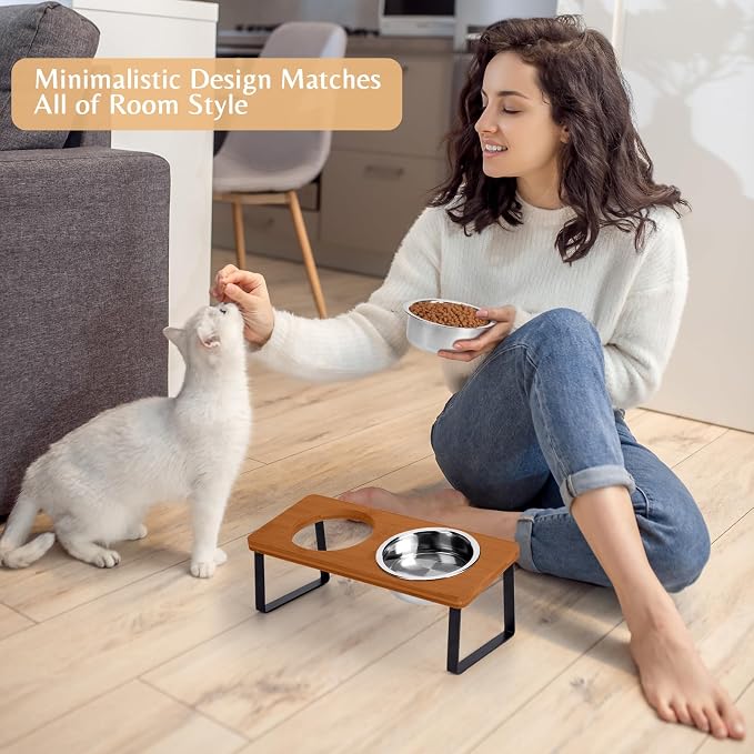 Elevated Cat Food Bowl for Indoor Cat, Brown Raised Water Bowl Set for Pet | Whisker Friendly, Anti Vomit, Feeding Station for Puppy, Stainless Steel, Pet Dish, Easy Assembly, Bamboo, Dishwashers Safe - Image 7