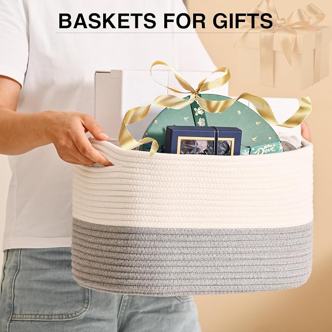 ICERZCZ Woven Cotton Rope Storage Basket for Organizing, Cute Decorative Baskets for Gifts Empty, Organizer Bins for Dog Toy, Baby Laundry, 15“×11”×9.5“, Off White & Grey - Image 3