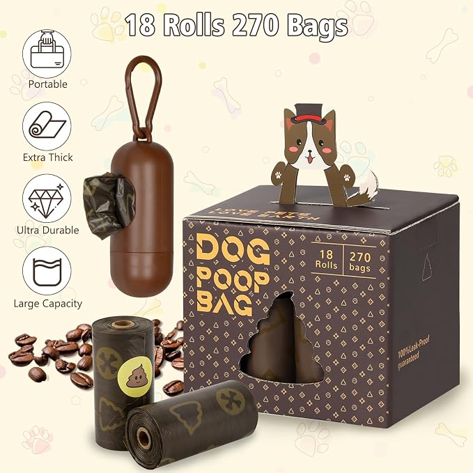 Dog Poop Bags with Dispenser 18 Rolls 270 Count Pet Waste Bags Strong Thick | Coffee Scented Waste Bags, Leak Proof , Portable - Image 2
