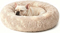 Calming Donut Dog Bed for Small Dogs, Anti-Anxiety Round Washable Plush Fluffy Faux Fur Large Cat Bed, 24 inches Fits up to 25 lbs Pets, Anti-Slip Waterproof Mute Base Light-Brown by Homeuslynn