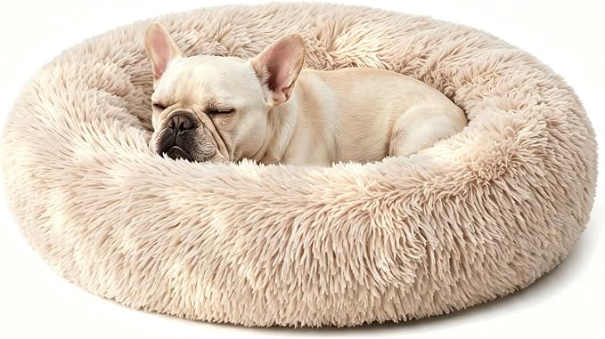 Calming Donut Dog Bed for Small Dogs, Anti-Anxiety Round Washable Plush Fluffy Faux Fur Large Cat Bed, 24 inches Fits up to 25 lbs Pets, Anti-Slip Waterproof Mute Base Light-Brown by Homeuslynn