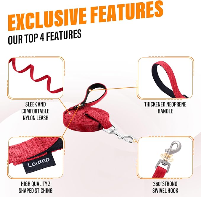 Long Line Dog Training Leash with Padded Handle, 30 ft, Red | Durable nylon webbing with reinforced stitching and 360° swivel clip for recall and obedience - Image 5