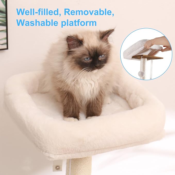 Hey-brother Cat Tree Tower, Food Station, XL Litter Box Enclosure, MPJ101SR | 48.81 Inches Wooden All-in-one Cat Furniture, Large Hammock, Bed, Scratching Posts, Big Basket for Indoor Cats, Rustic Brown - Image 5