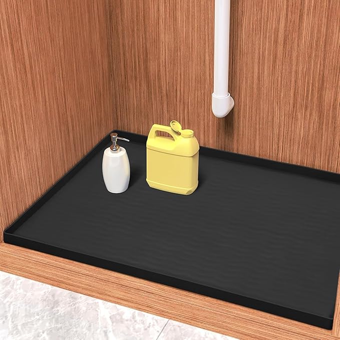 URMONA Waterproof Silicone Under Sink Mat 22'' x 19'' Shelf Liner for Kitchen and Bathroom, Cabinet and Counter Protector, Storage and Organizers, Litter Mat, Pet Cat Puppy Essentials(Black) by URMONA