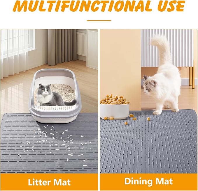Silicone Cat Litter Mat, Waterproof, Raised Edge, 28 x 20 in, Gray | Quick-clean silicone, leakproof floor protection, non-slip base, doubles as feeding mat - Image 7